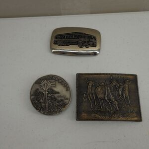 Vintage Belt Buckles Kansas Founding Steers Cows Tour Bus Brass Steel Pewter